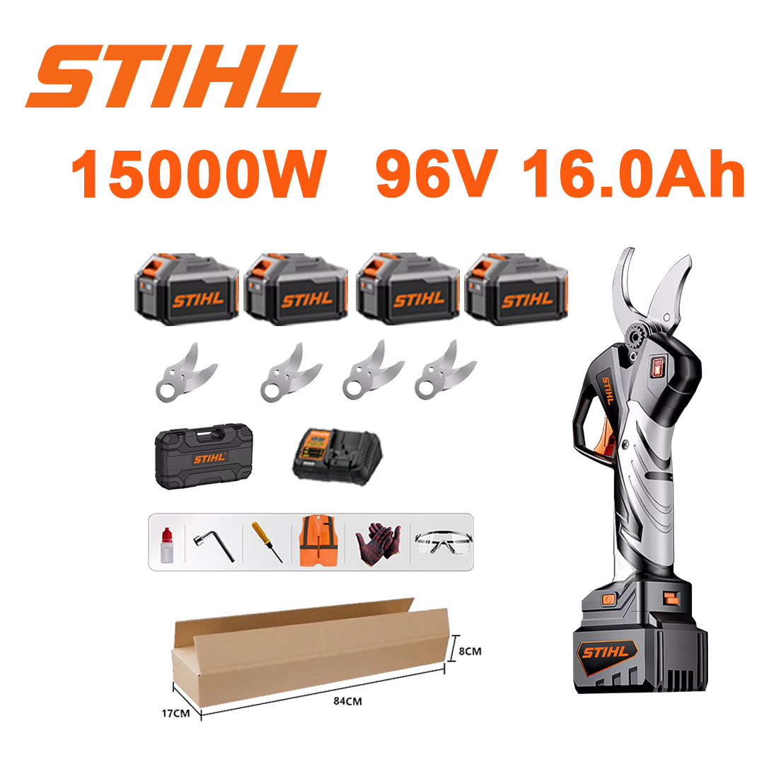 Tesoura de poda de bateria de lítio sem escovas de 10 polegadas, potência de 15.000 W, bateria de 96 V 16,0 Ah * 4, carregador, lâmina SK9 * 4, caixa de ferramentas, óleo lubrificante e óculos de proteção, garantia de cinco anos